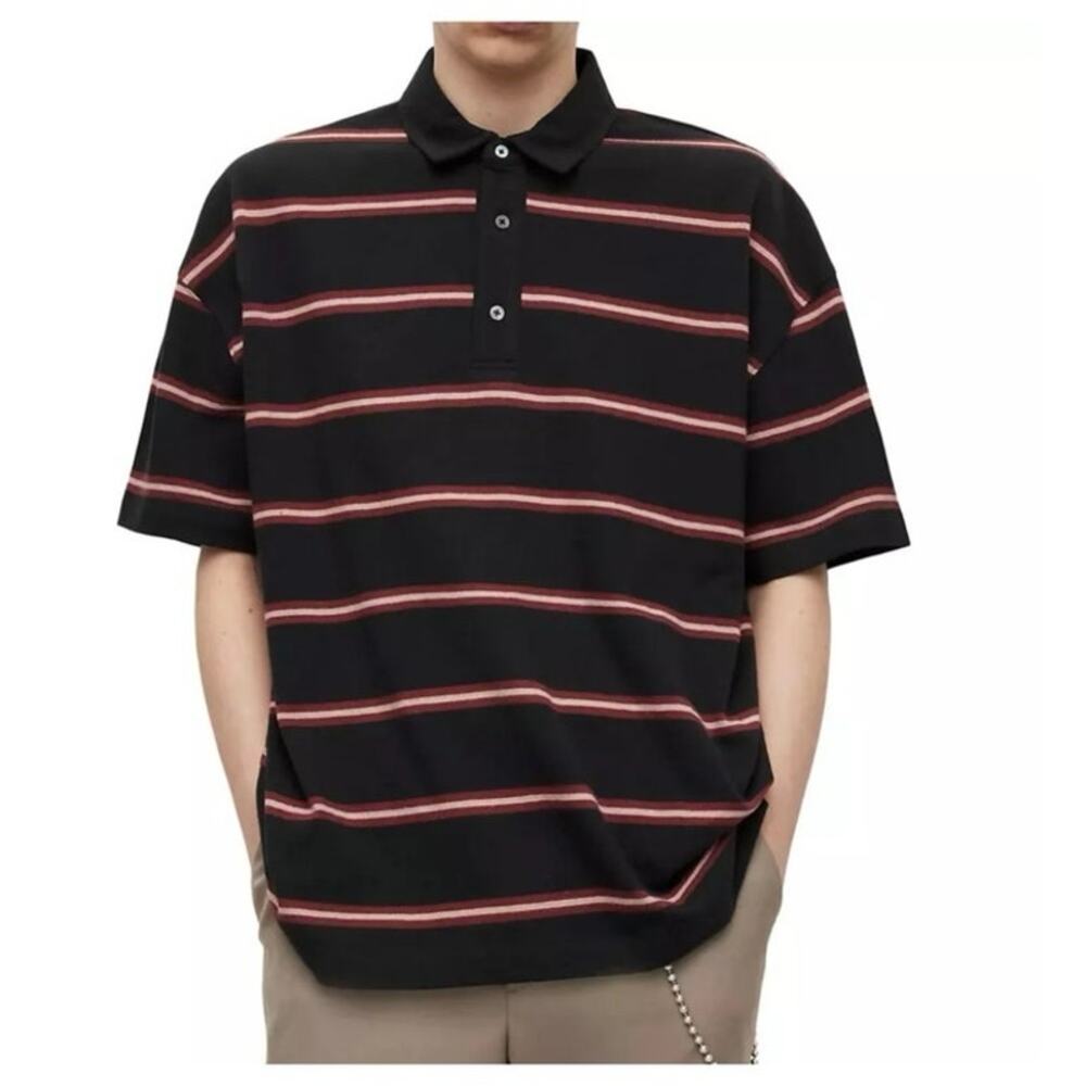 All Saints Men's Short Sleeve Arden Contrast Stripes Oversized Polo Black A49